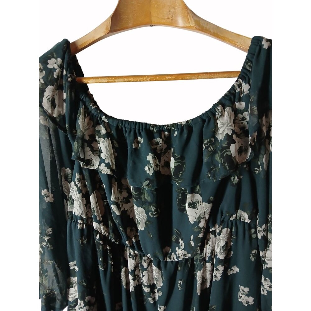 Torrid Womens Floral Off Shoulder Green Ruffled Chiffon Mini Dress Size 3 3X - Picture 3 of 11